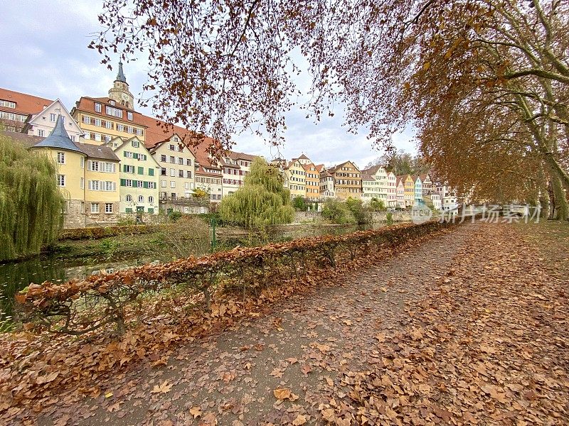 Tubingen, Platanenallee和中世纪的房屋